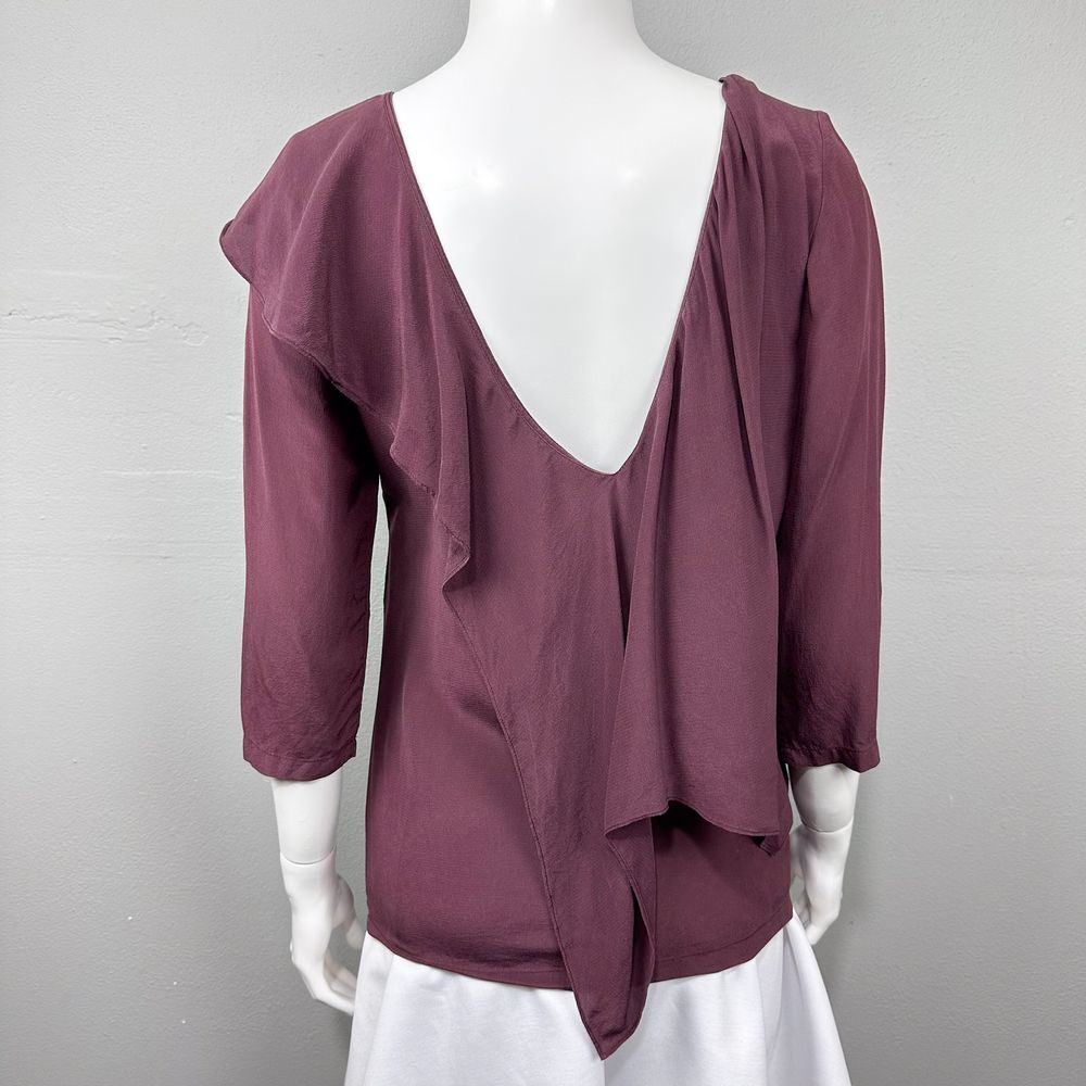 See by Chloe Silk Ruffle Blouse Size 2 Burgundy Asymmetric Romantic‎ Artsy FLAWS - Picture 10 of 16